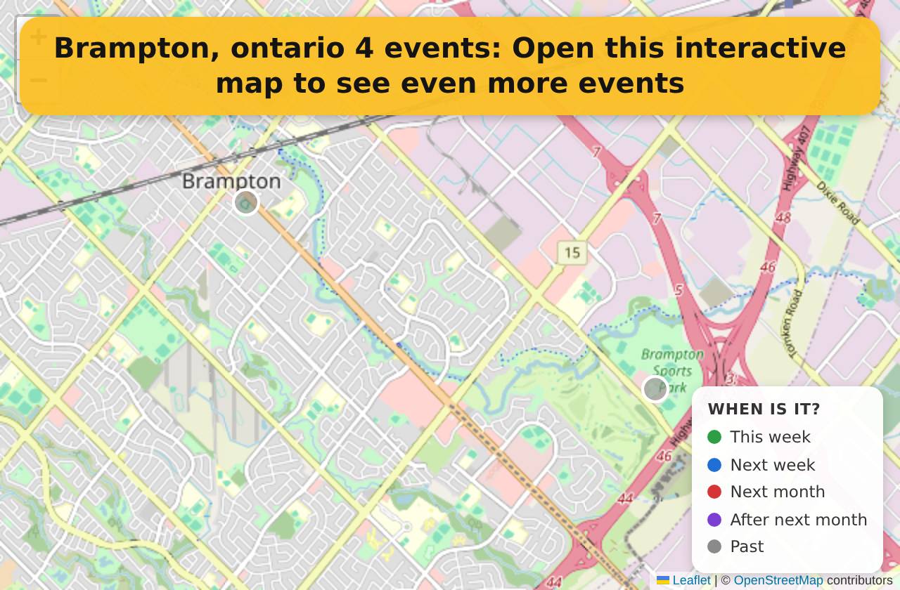 Map of events in Brampton, ontario on the interactive EVENTULIST map