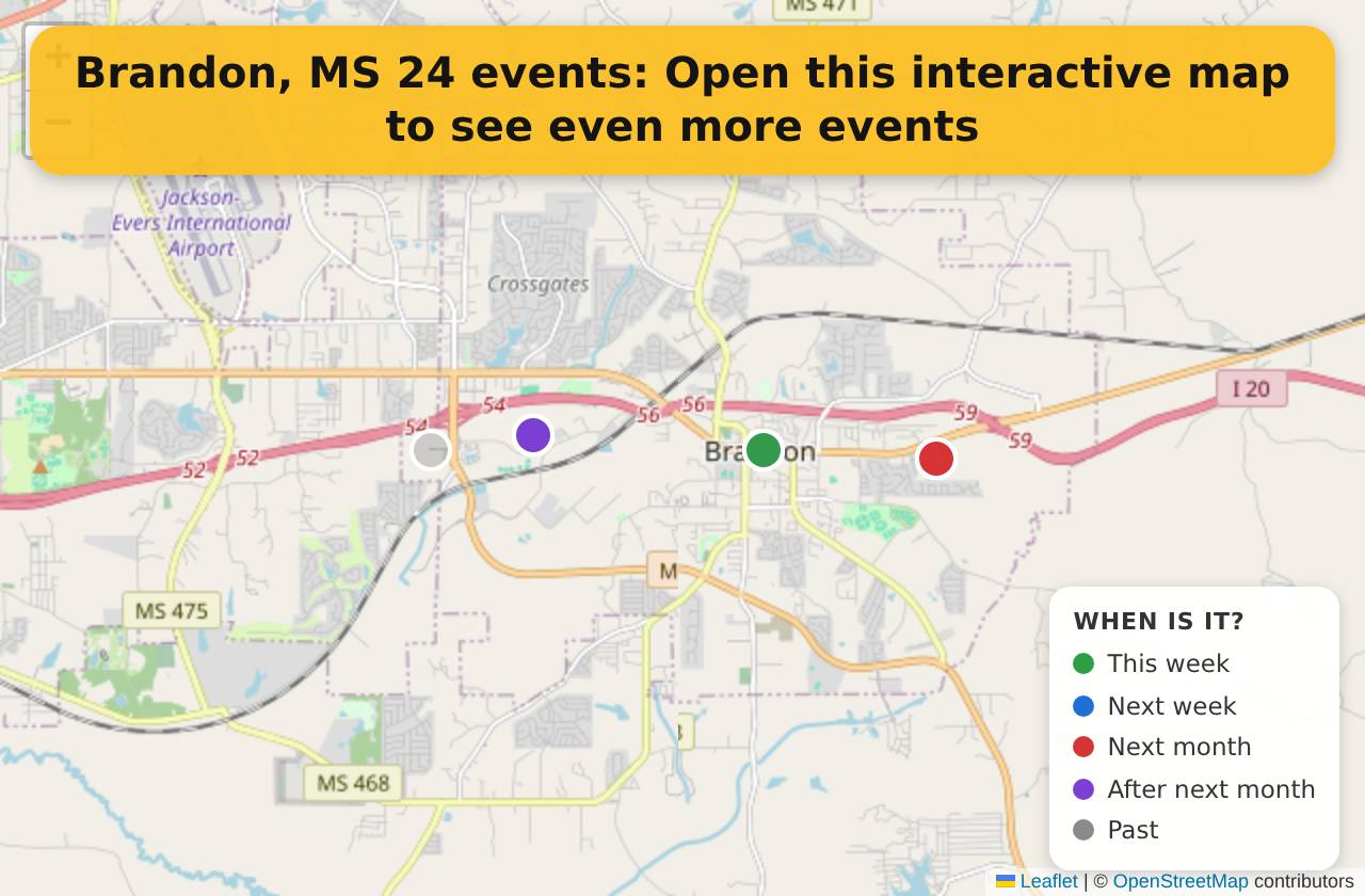 Map of events in Brandon, MS on the interactive EVENTULIST map
