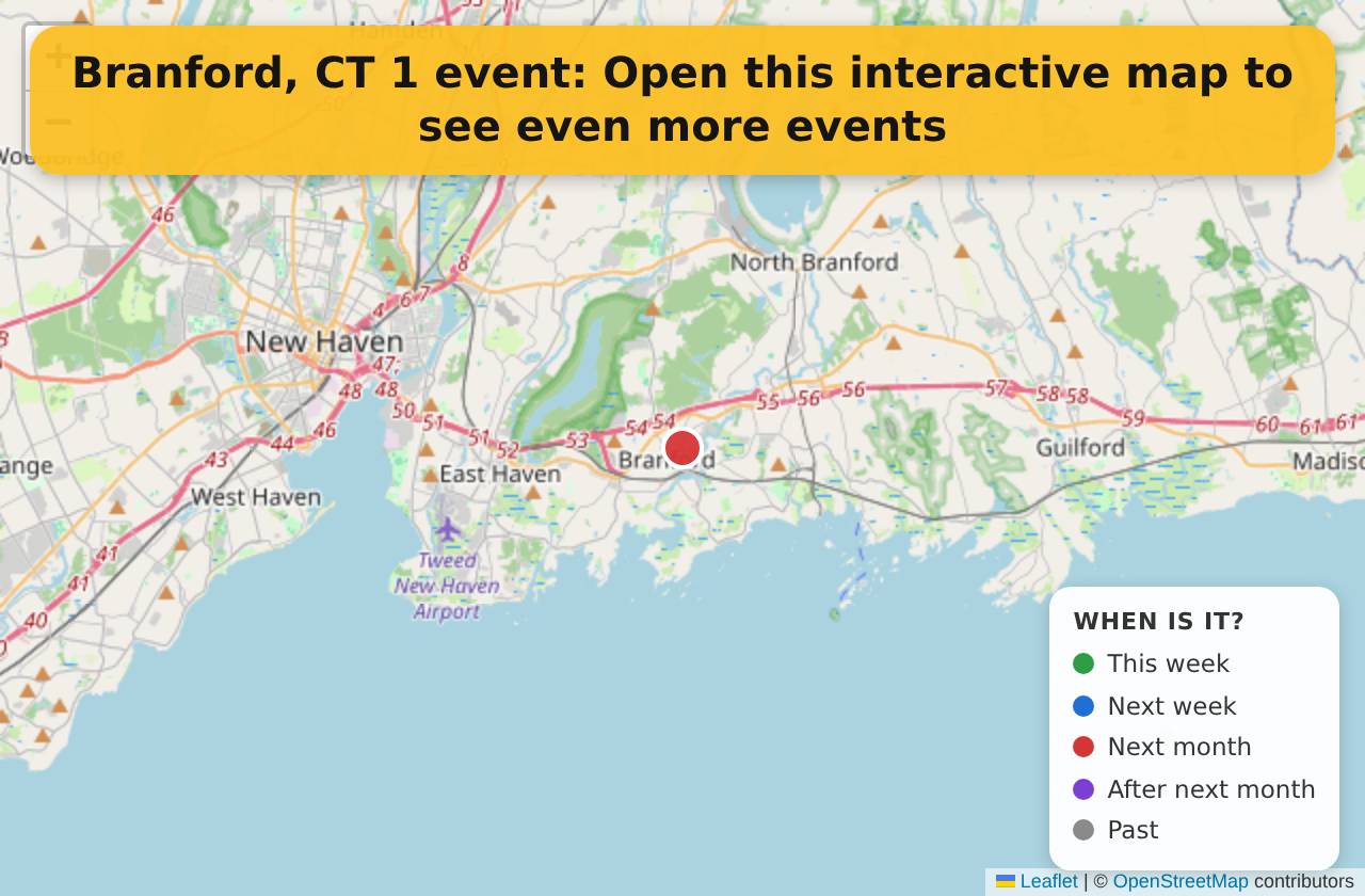 Map of events in Branford, CT on the interactive EVENTULIST map