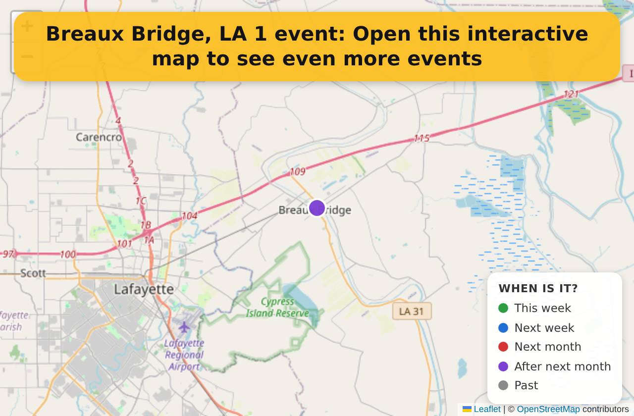 Map of events in Breaux Bridge, LA on the interactive EVENTULIST map