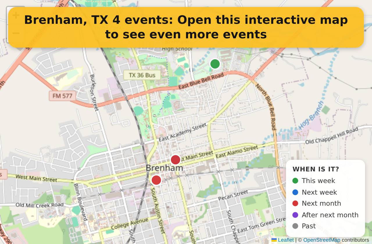 Map of events in Brenham, TX on the interactive EVENTULIST map