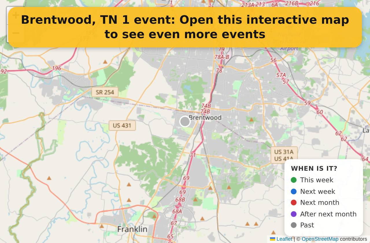Map of events in Brentwood, TN on the interactive EVENTULIST map