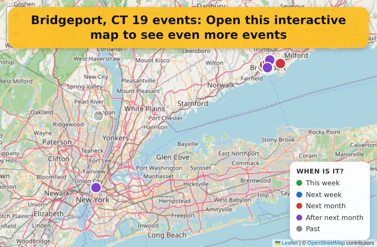 Map of events in Bridgeport, CT on the interactive EVENTULIST map