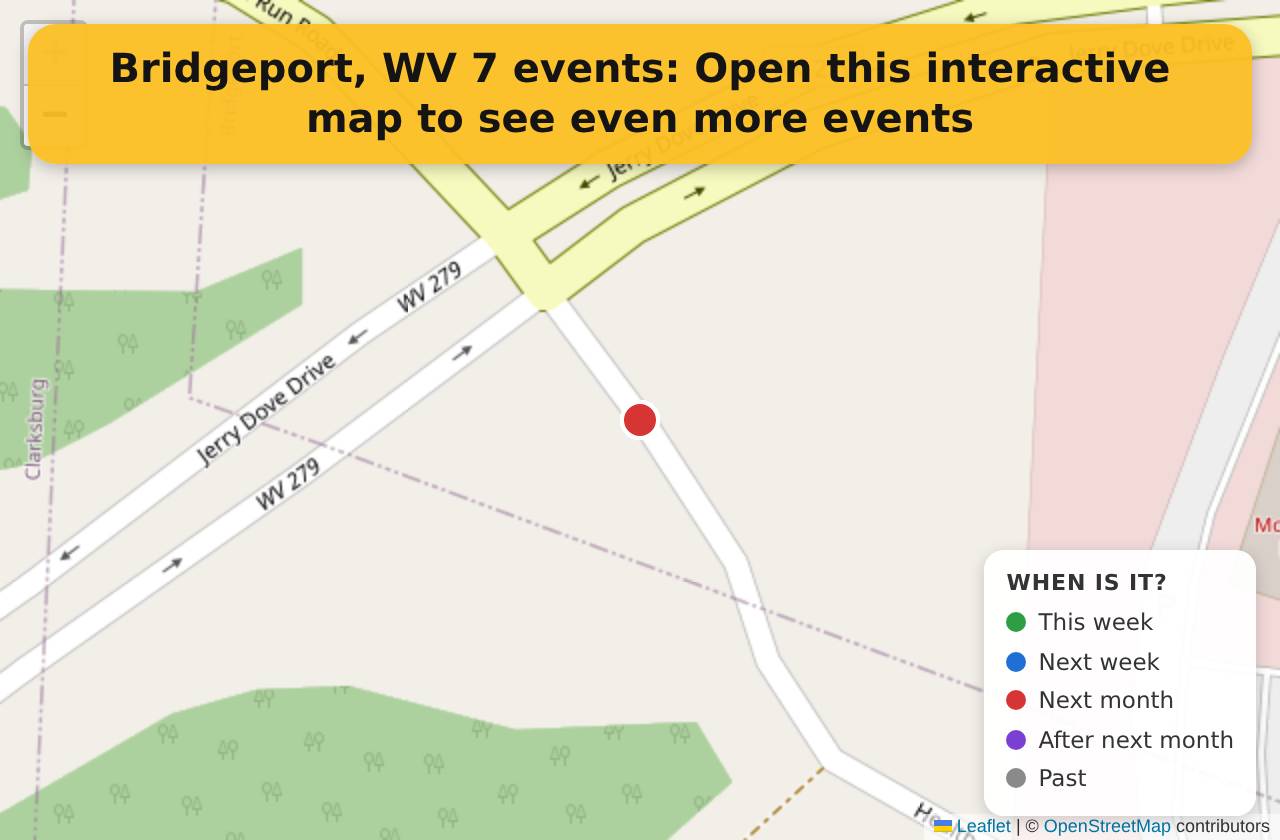 Map of events in Bridgeport, WV on the interactive EVENTULIST map