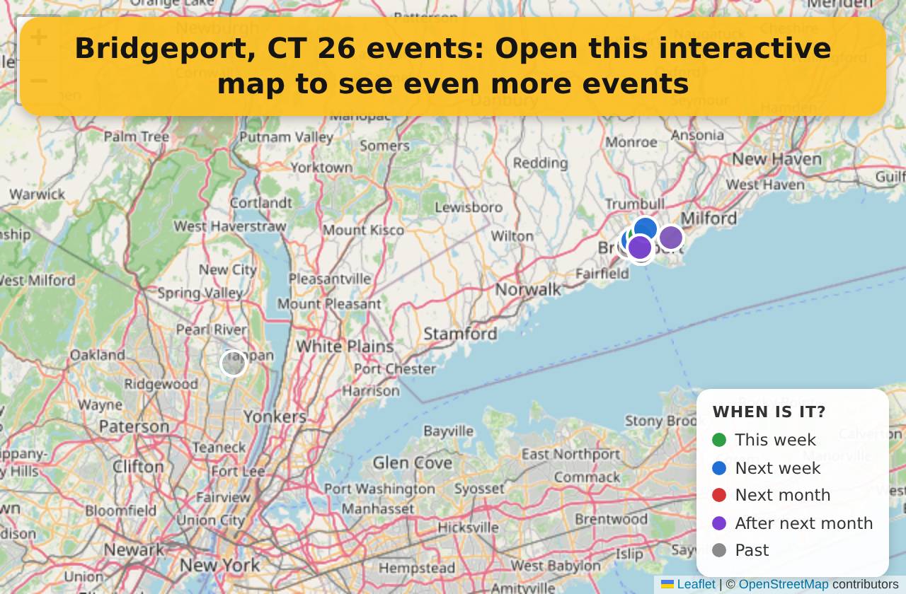 Map of events in Bridgeport, CT on the interactive EVENTULIST map