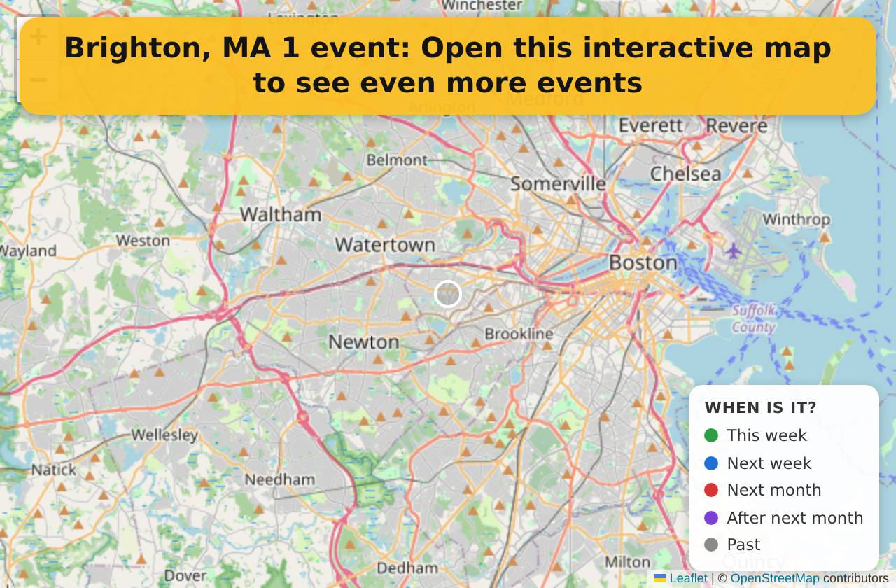 Map of events in Brighton, MA on the interactive EVENTULIST map