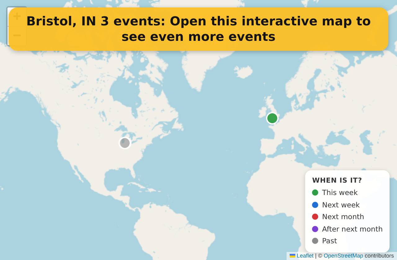Map of events in Bristol, IN on the interactive EVENTULIST map