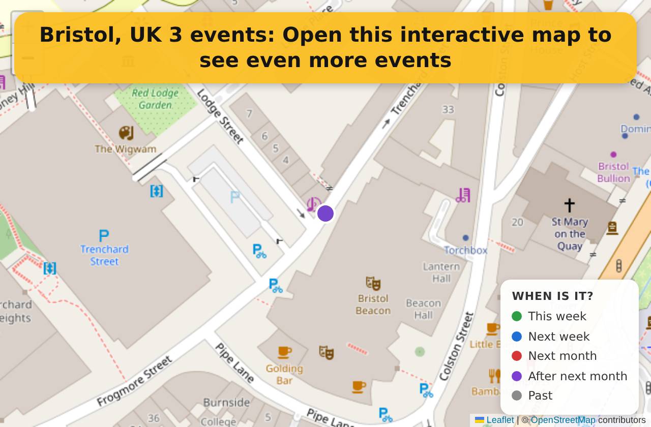 Map of events in Bristol, UK on the interactive EVENTULIST map