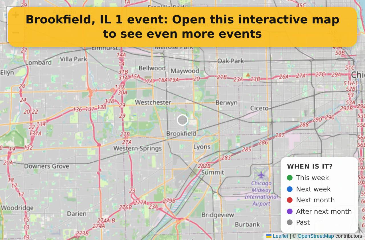 Map of events in Brookfield, IL on the interactive EVENTULIST map