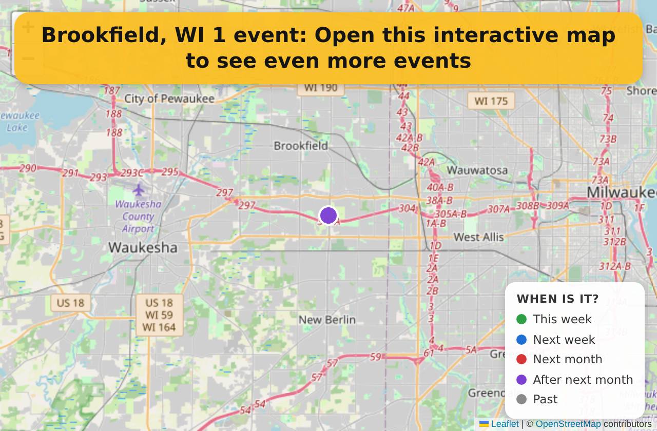 Map of events in Brookfield, WI on the interactive EVENTULIST map