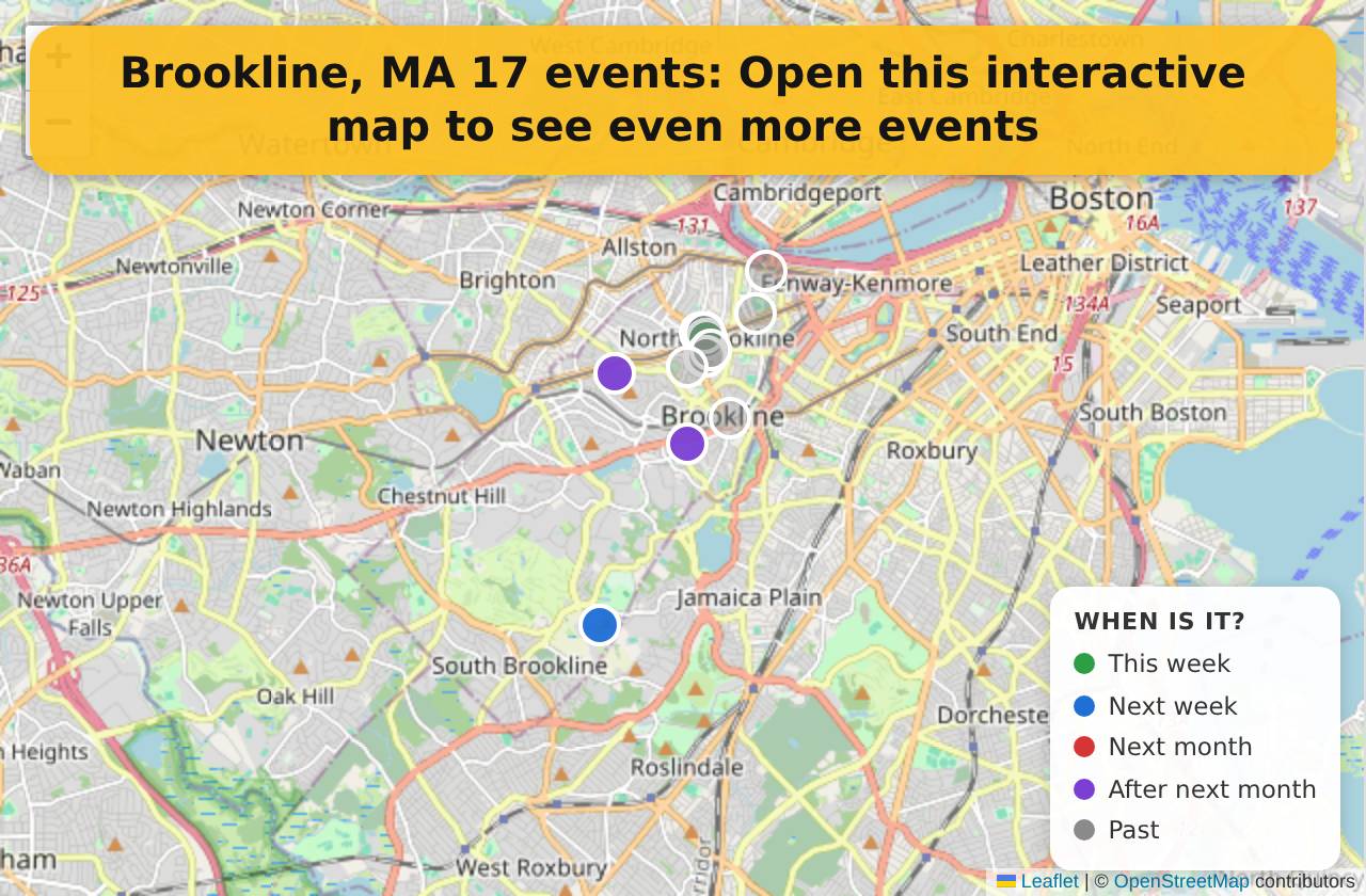 Map of events in Brookline, MA on the interactive EVENTULIST map