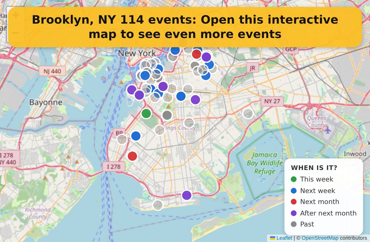 Map of events in Brooklyn, NY on the interactive EVENTULIST map