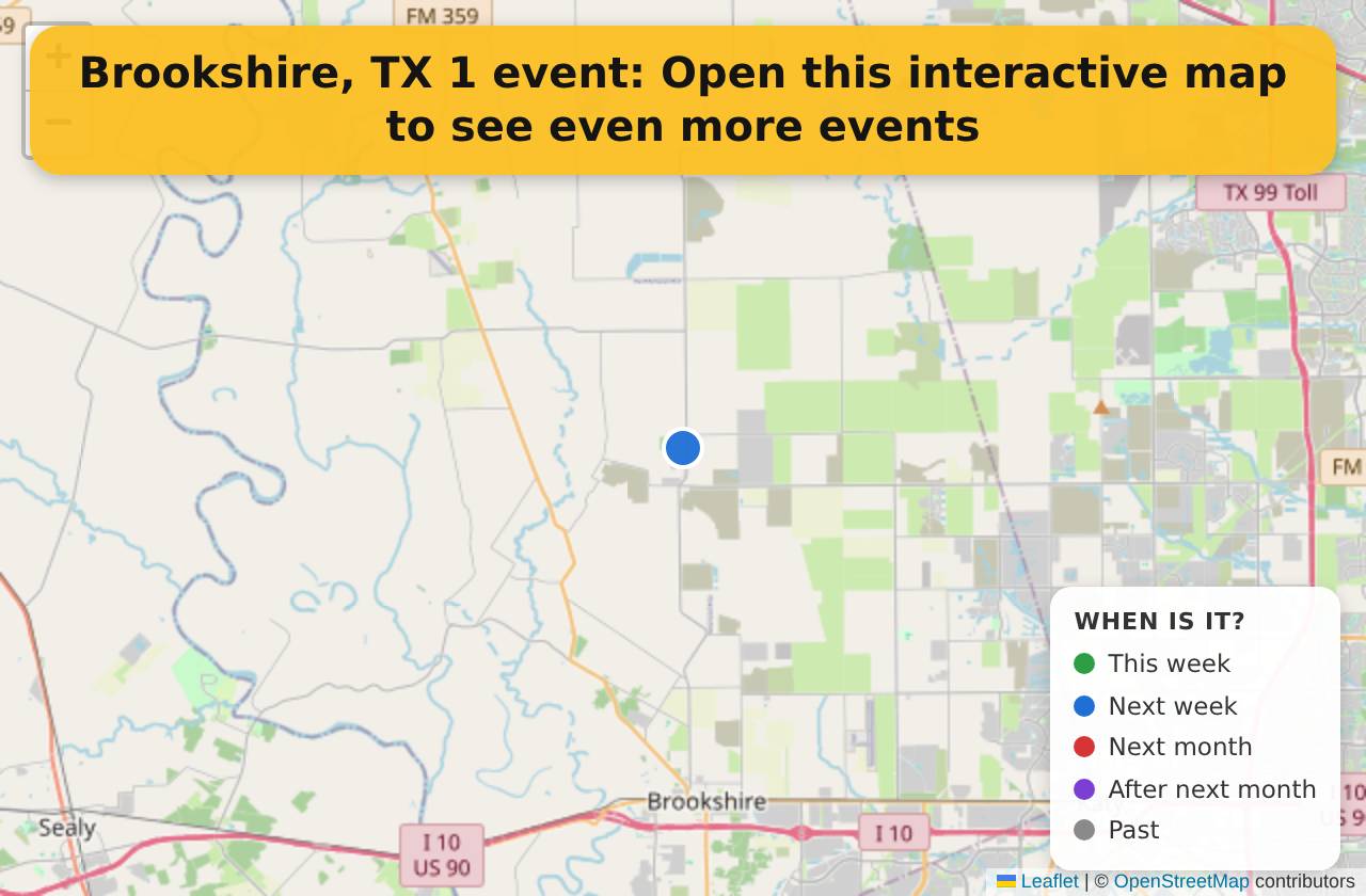 Map of events in Brookshire, TX on the interactive EVENTULIST map