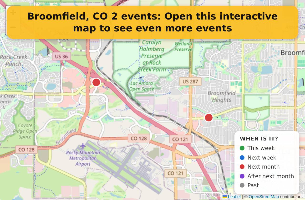 Map of events in Broomfield, CO on the interactive EVENTULIST map