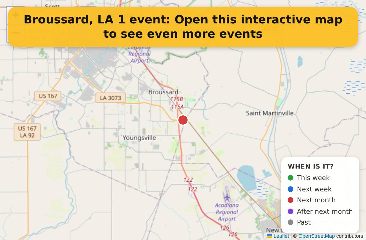 Map of events in Broussard, LA on the interactive EVENTULIST map
