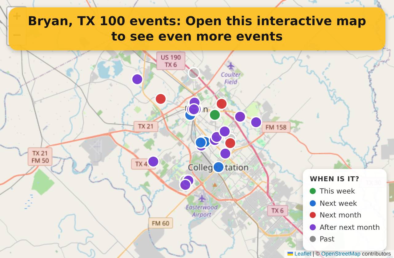 Map of events in Bryan, TX on the interactive EVENTULIST map