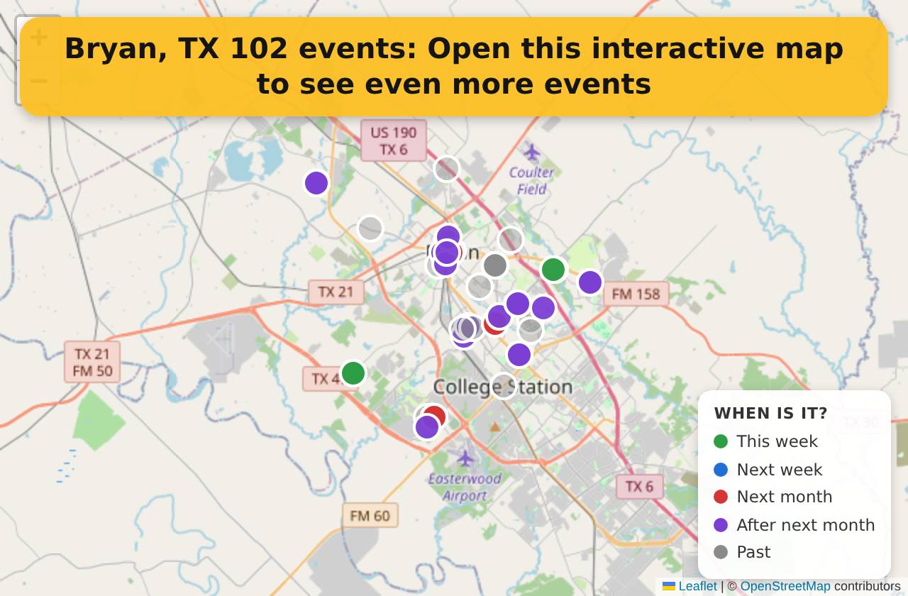 Map of events in Bryan, TX on the interactive EVENTULIST map