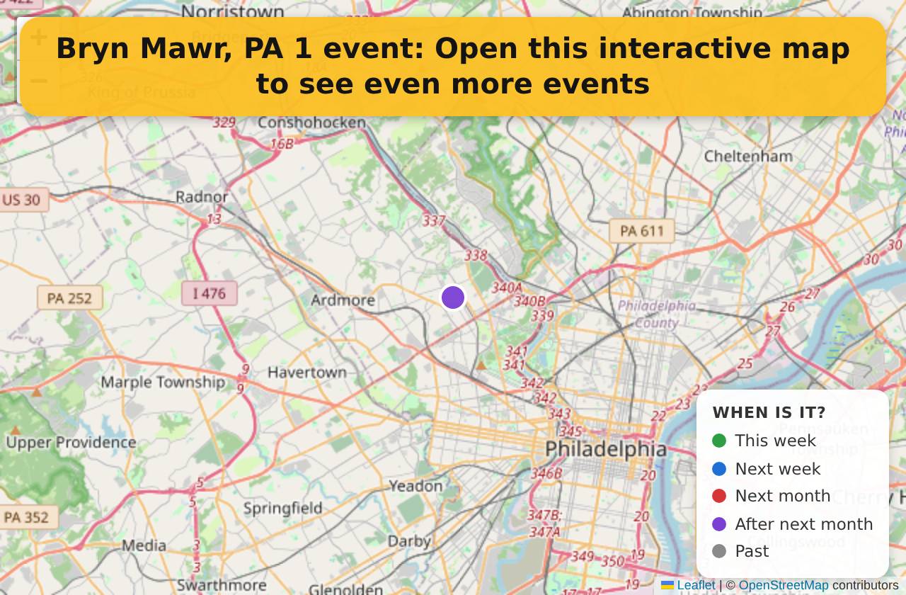 Map of events in Bryn Mawr, PA on the interactive EVENTULIST map