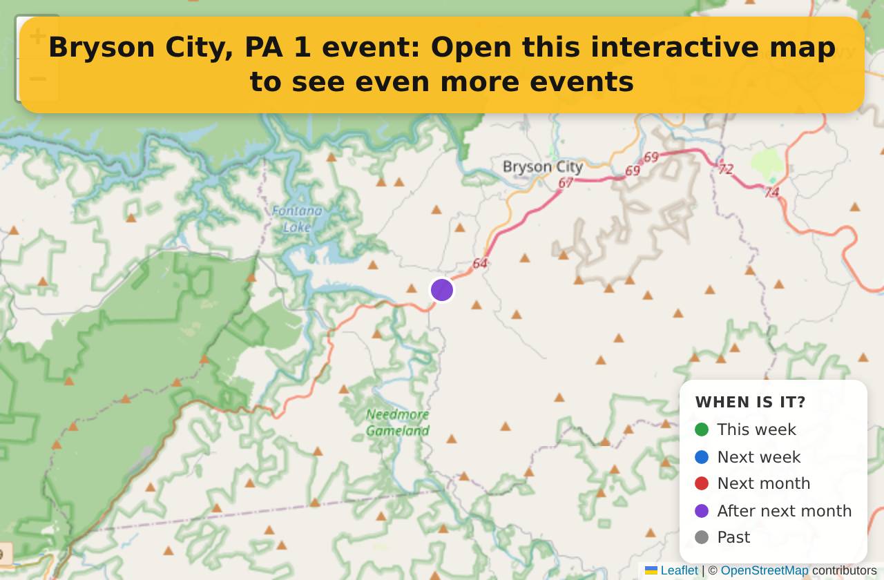 Map of events in Bryson City, PA on the interactive EVENTULIST map