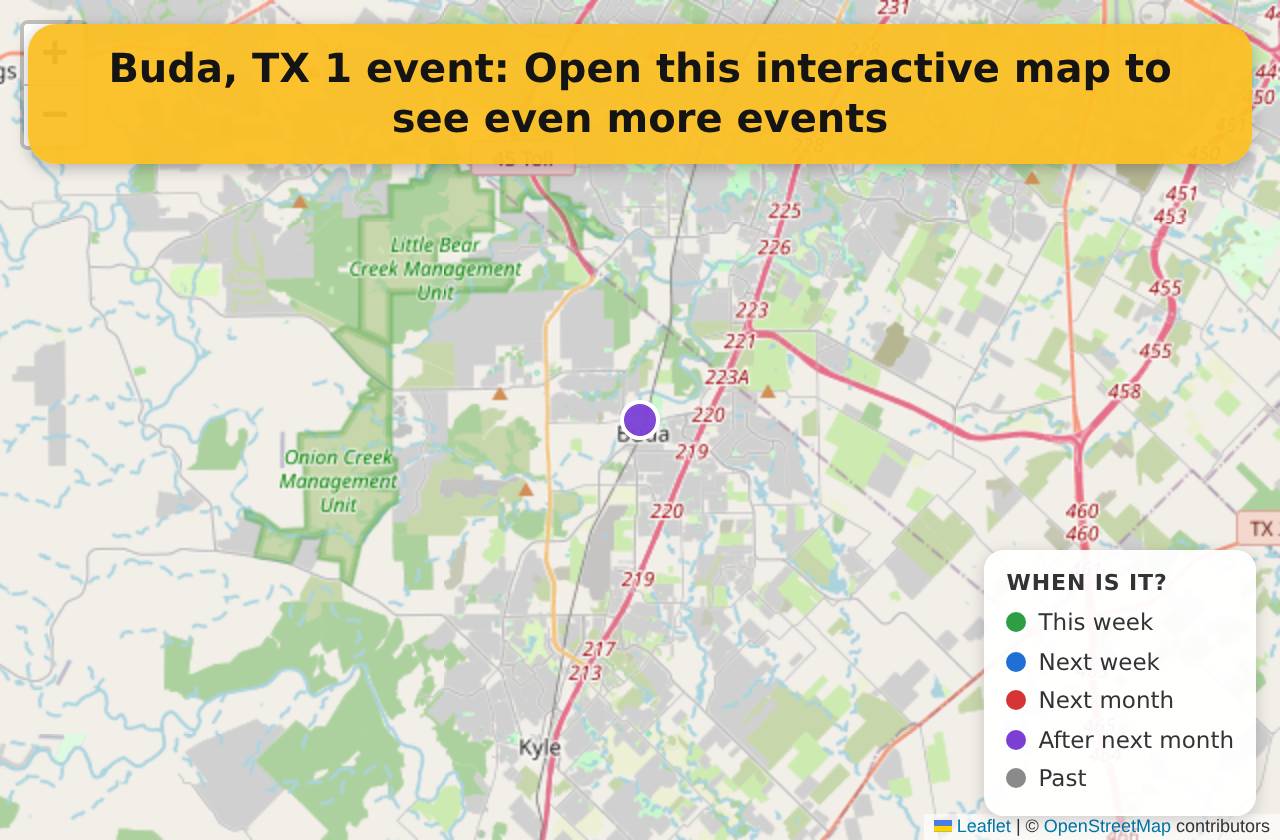 Map of events in Buda, TX on the interactive EVENTULIST map