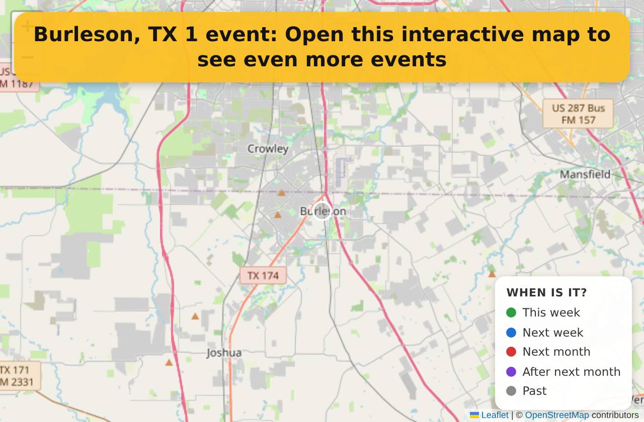 Map of events in Burleson, TX on the interactive EVENTULIST map