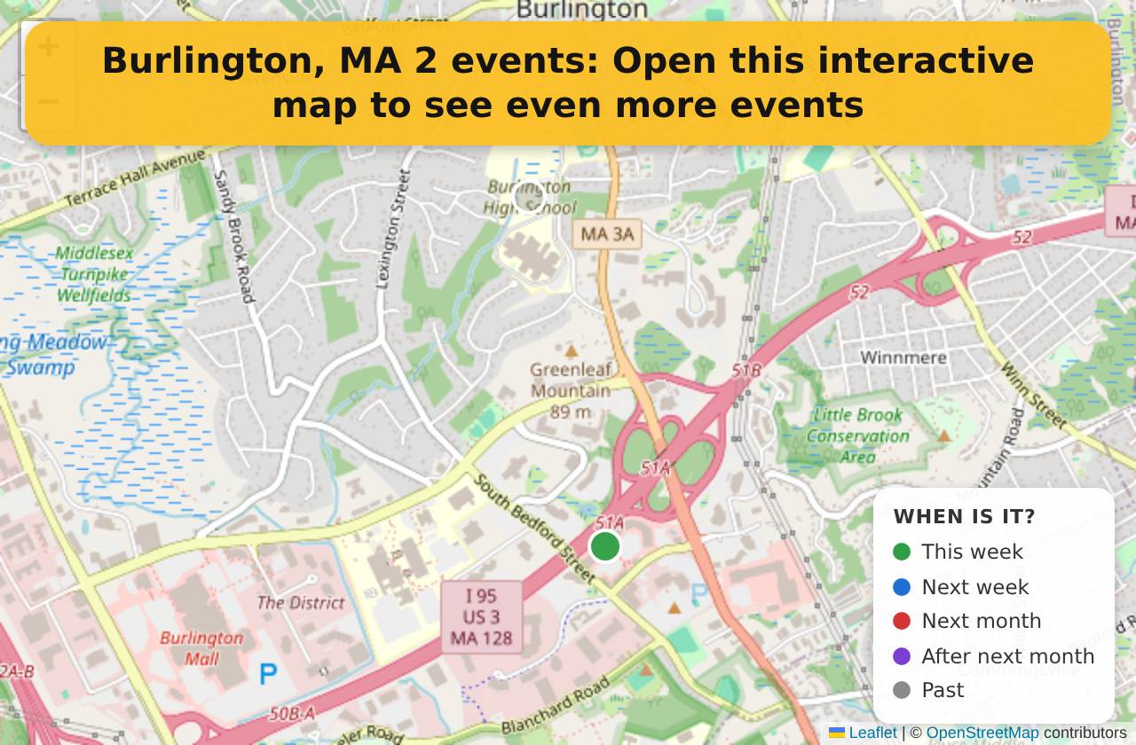Map of events in Burlington, MA on the interactive EVENTULIST map