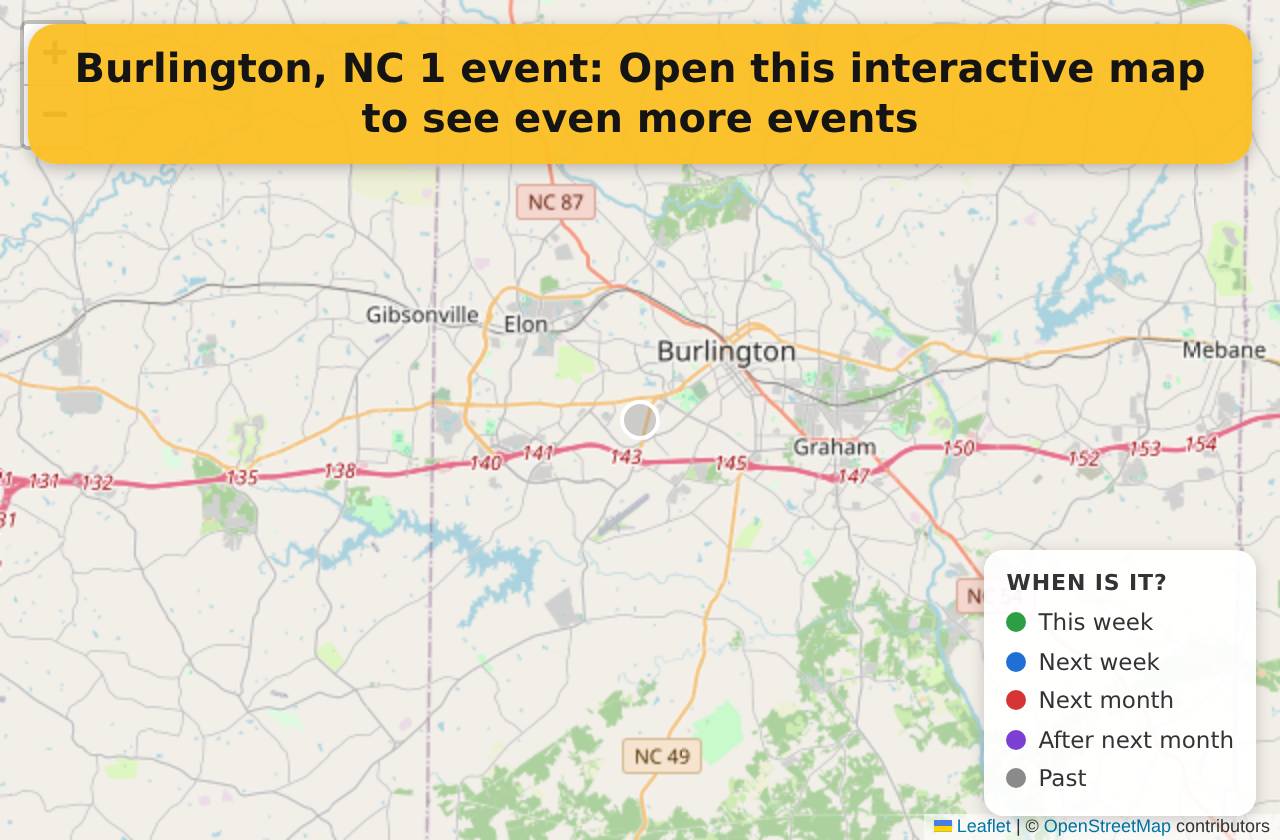 Map of events in Burlington, NC on the interactive EVENTULIST map