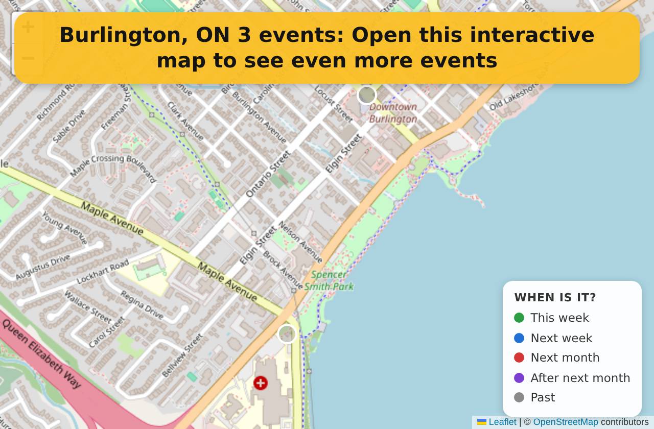 Map of events in Burlington, ON on the interactive EVENTULIST map