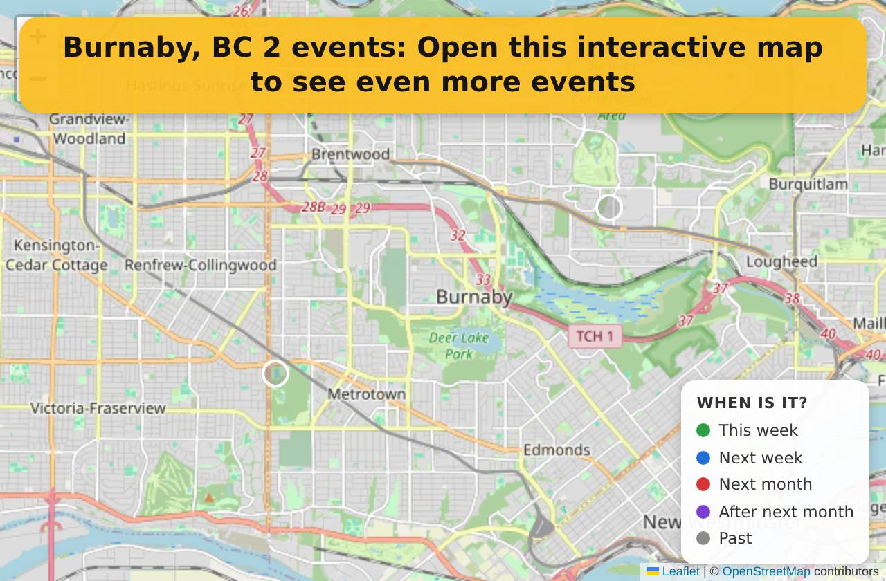 Map of events in Burnaby, BC on the interactive EVENTULIST map