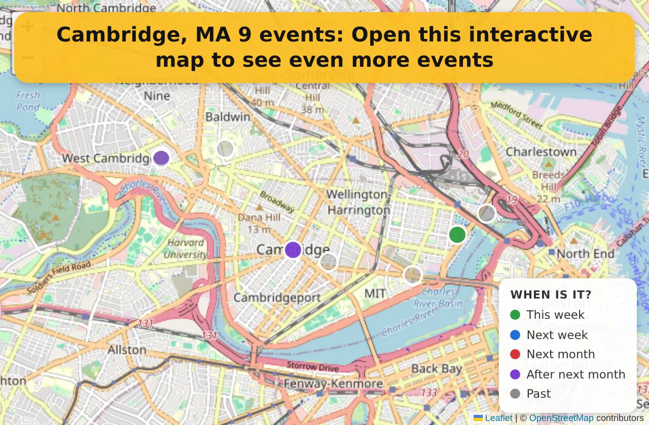 Map of events in Cambridge, MA on the interactive EVENTULIST map