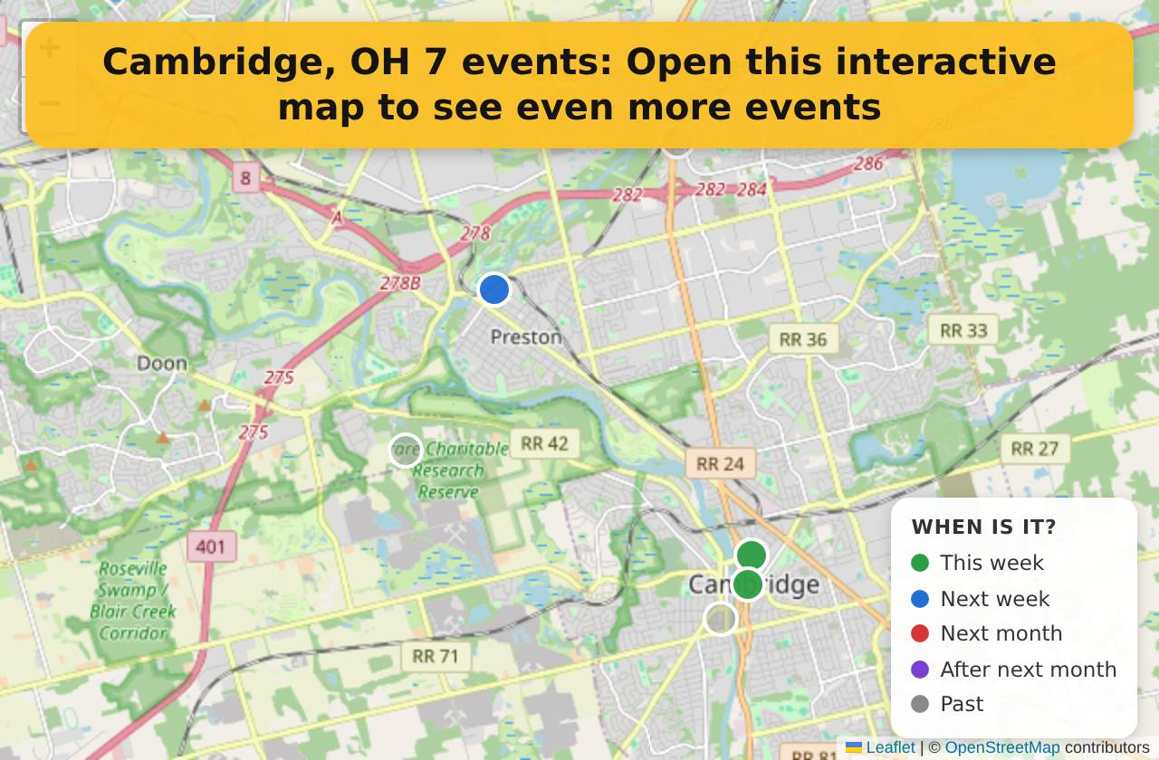 Map of events in Cambridge, OH on the interactive EVENTULIST map