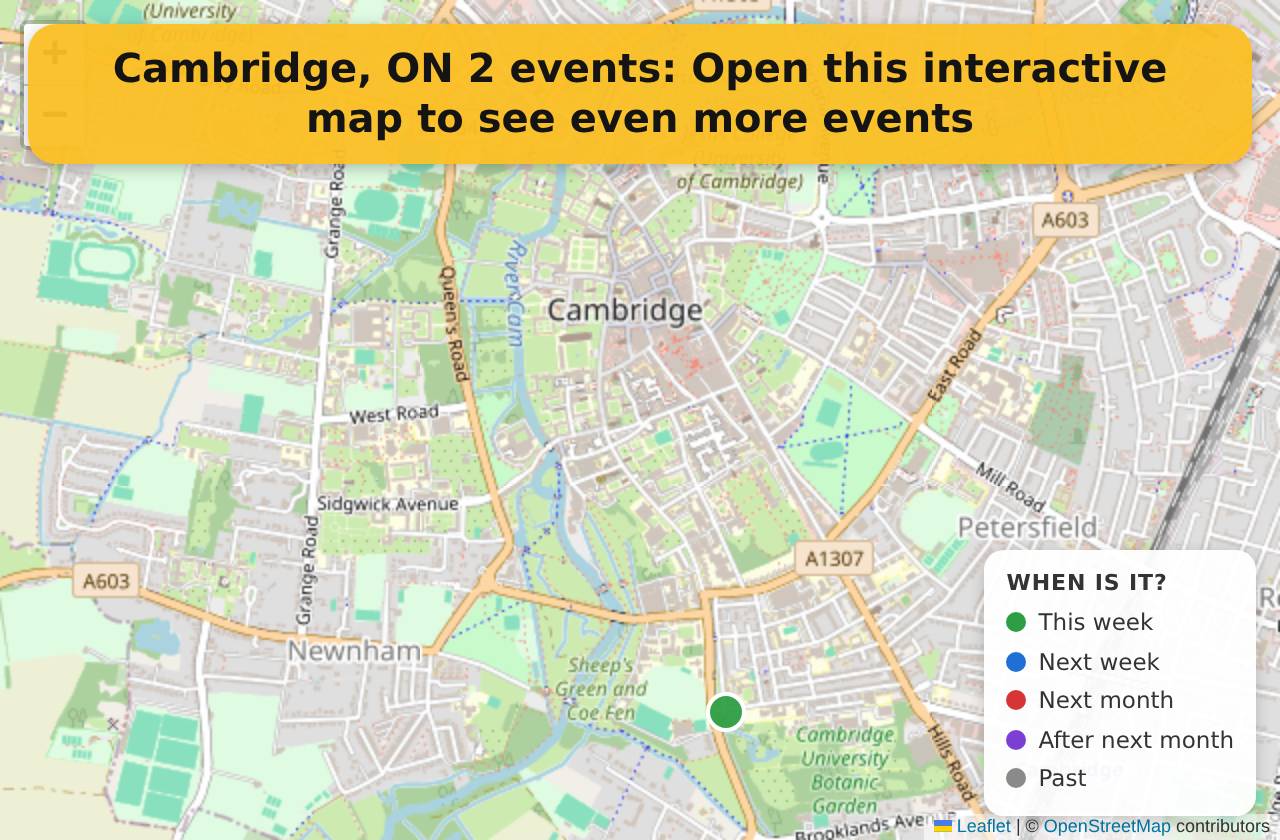 Map of events in Cambridge, ON on the interactive EVENTULIST map