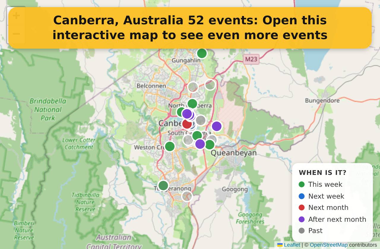 Map of events in Canberra, Australia on the interactive EVENTULIST map