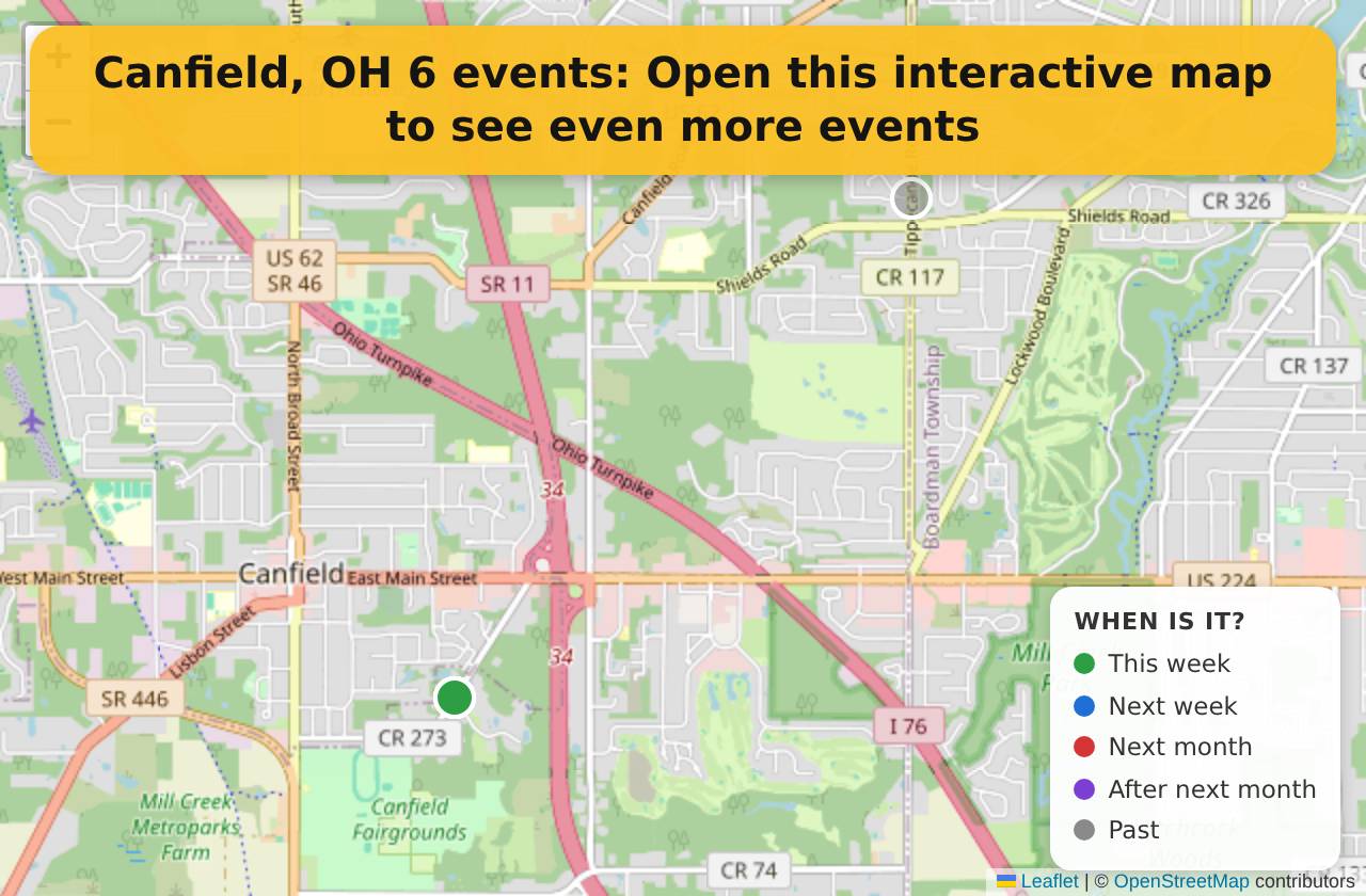 Map of events in Canfield, OH on the interactive EVENTULIST map