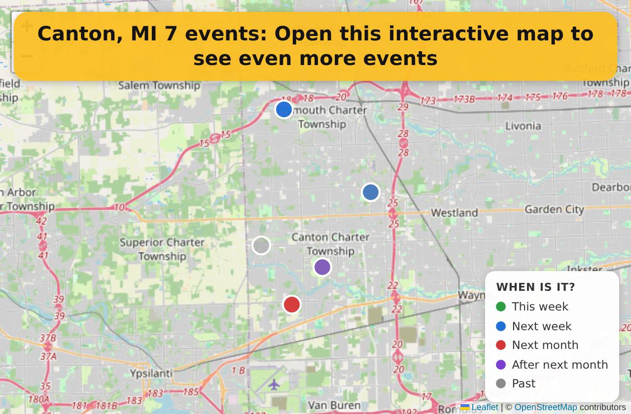 Map of events in Canton, MI on the interactive EVENTULIST map