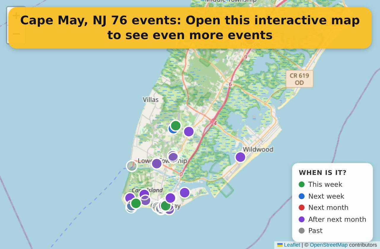 Map of events in Cape May, NJ on the interactive EVENTULIST map
