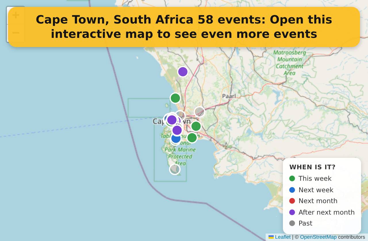 Map of events in Cape Town, South Africa on the interactive EVENTULIST map