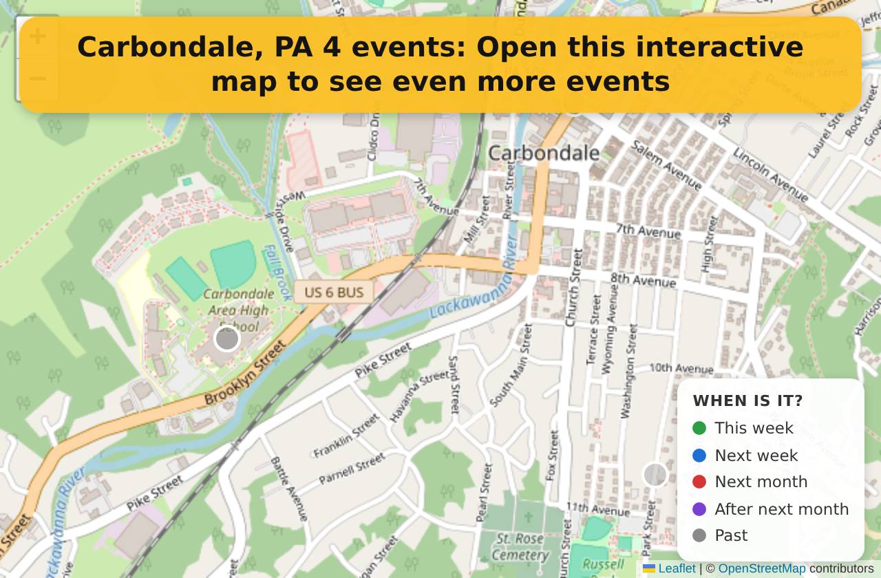 Map of events in Carbondale, PA on the interactive EVENTULIST map