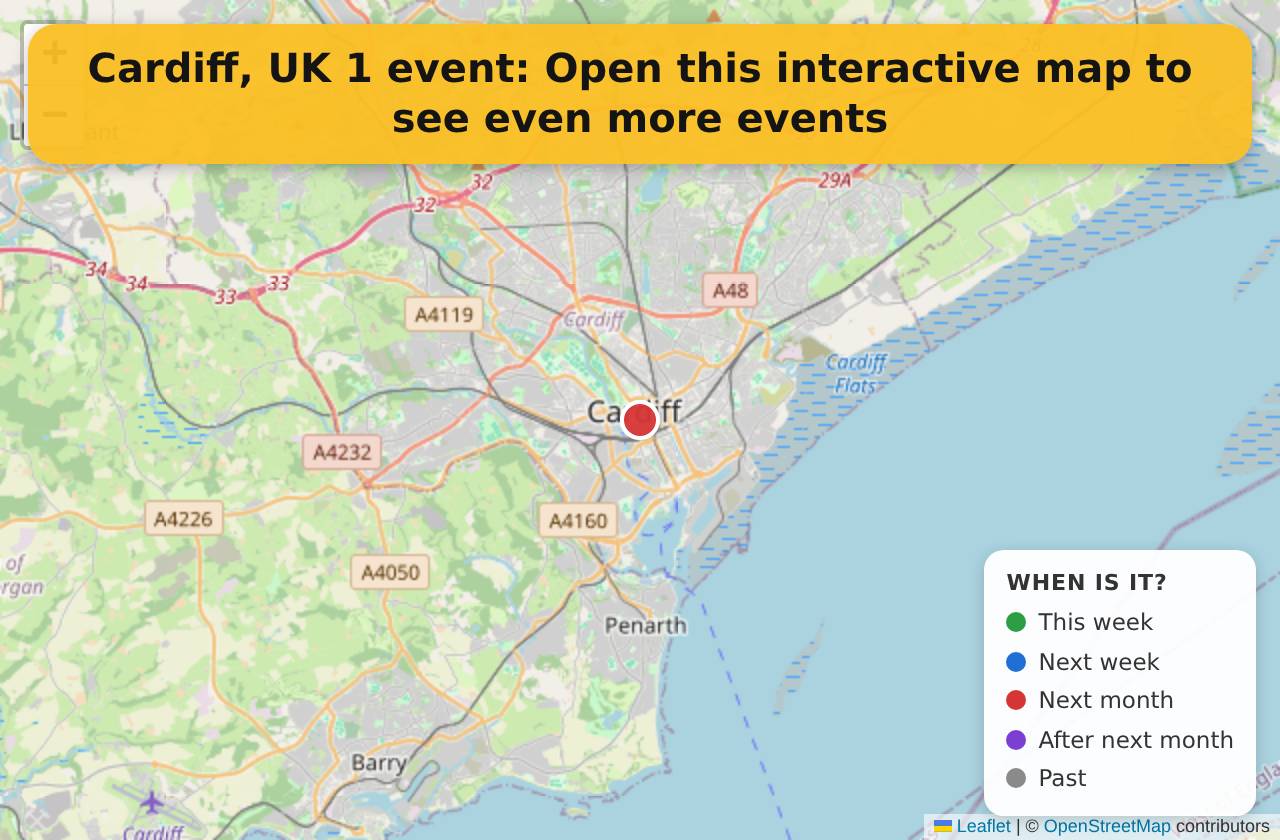 Map of events in Cardiff, UK on the interactive EVENTULIST map