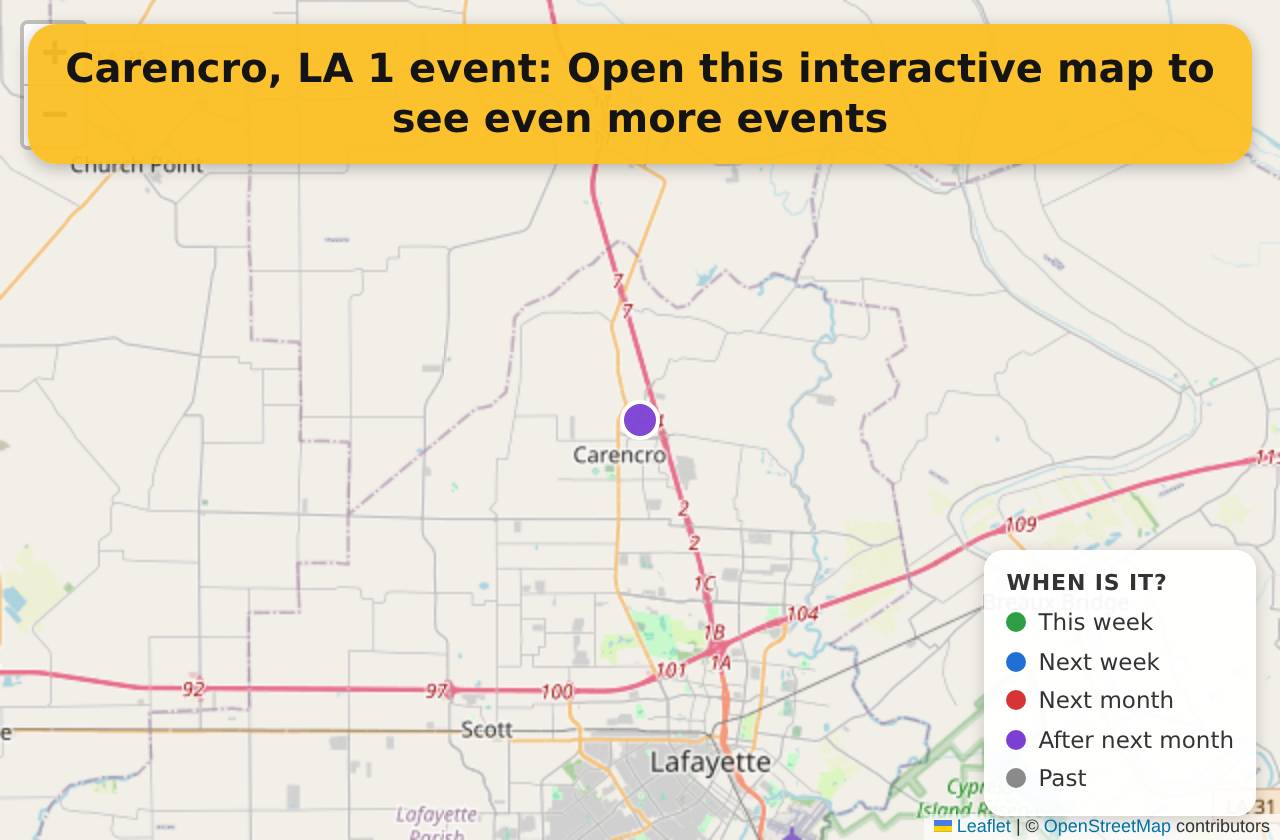 Map of events in Carencro, LA on the interactive EVENTULIST map