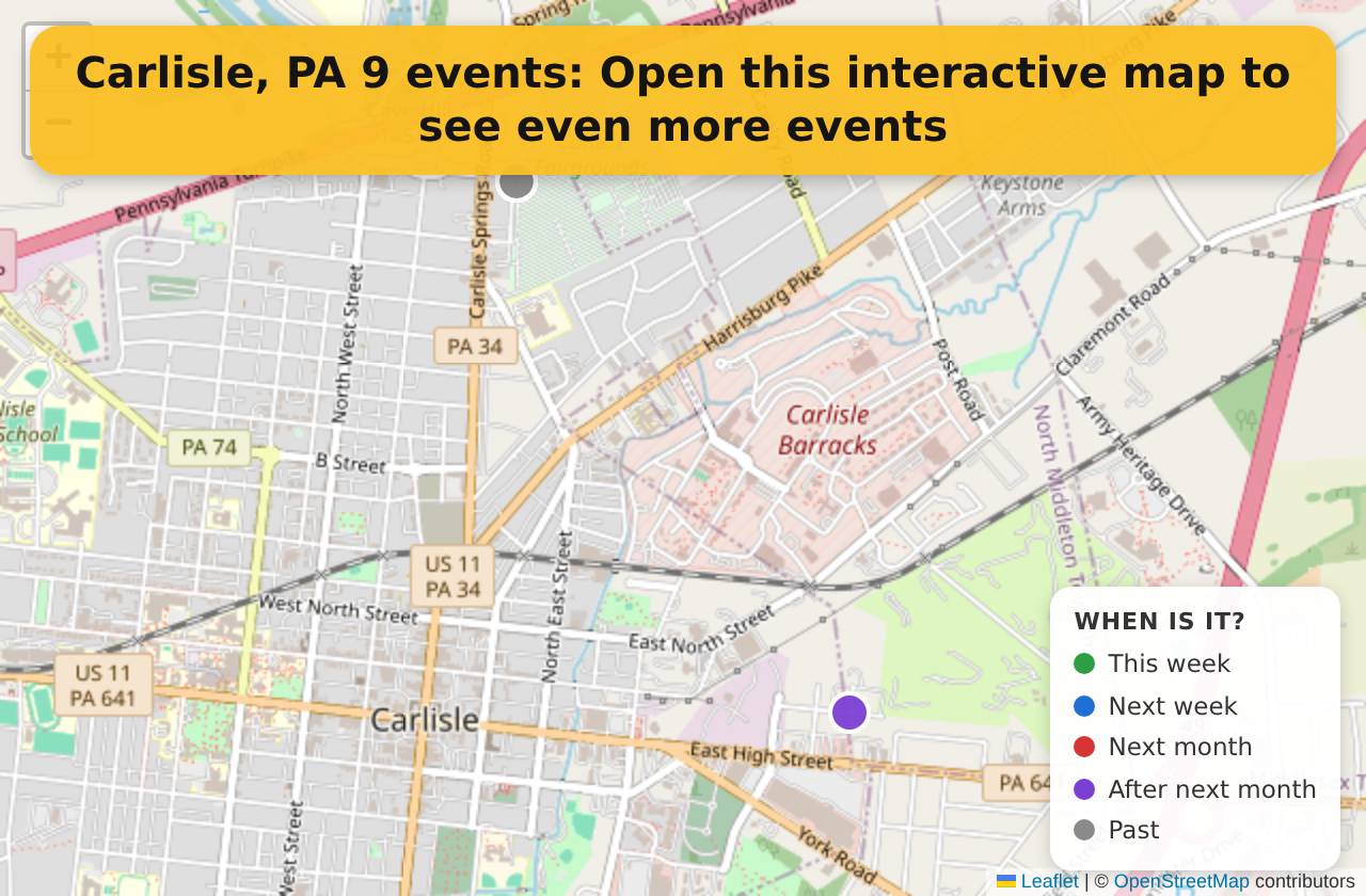 Map of events in Carlisle, PA on the interactive EVENTULIST map