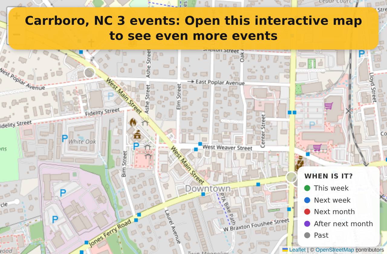 Map of events in Carrboro, NC on the interactive EVENTULIST map