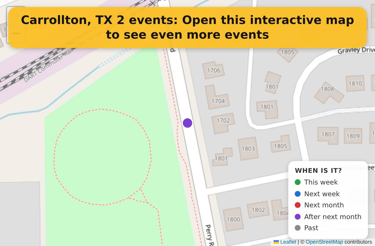 Map of events in Carrollton, TX on the interactive EVENTULIST map