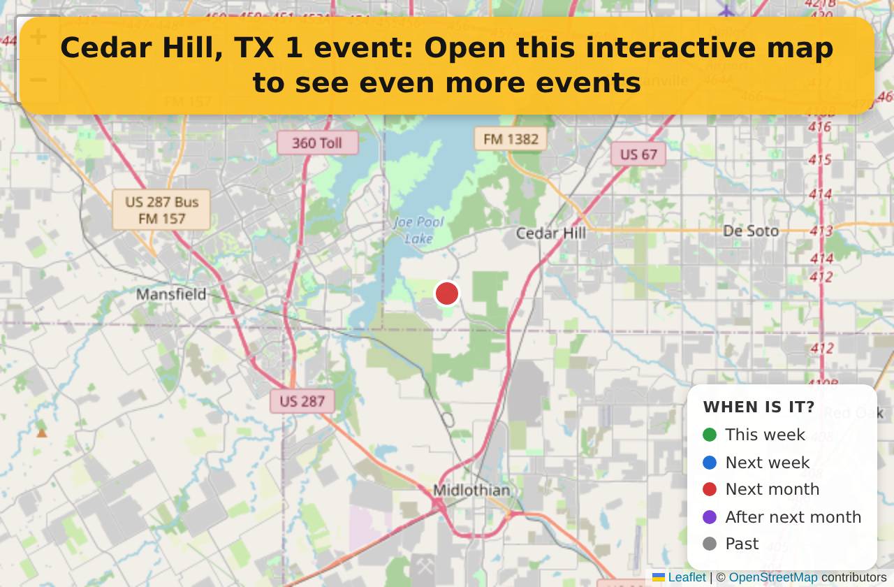 Map of events in Cedar Hill, TX on the interactive EVENTULIST map
