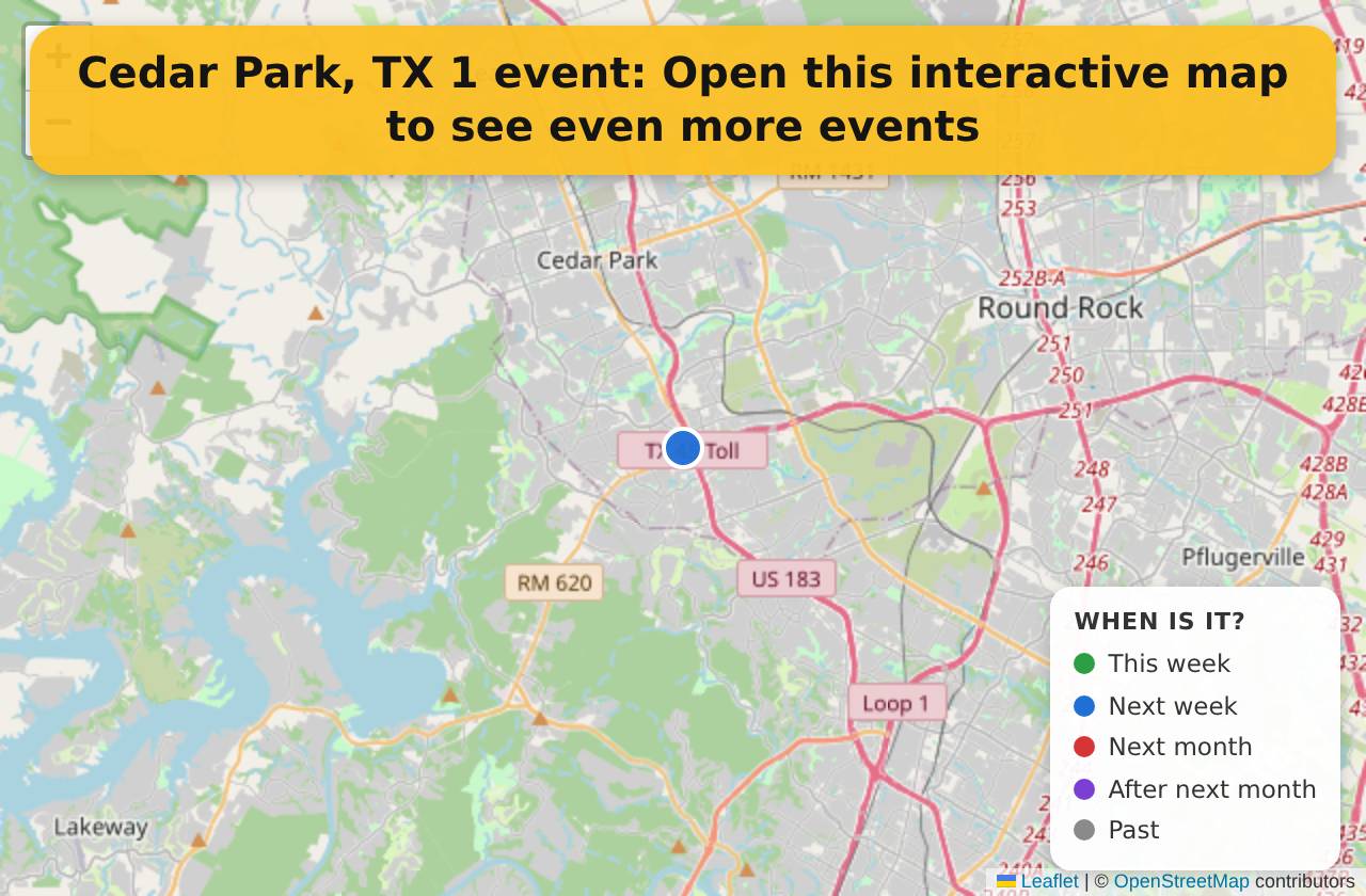Map of events in Cedar Park, TX on the interactive EVENTULIST map