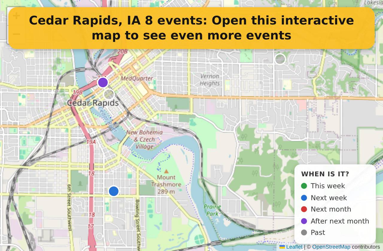 Map of events in Cedar Rapids, IA on the interactive EVENTULIST map