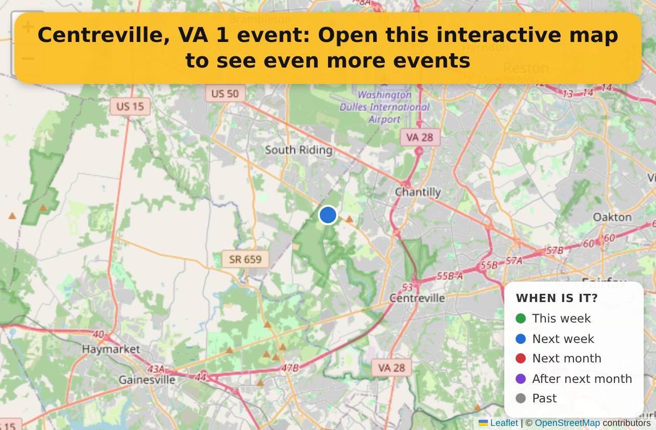 Map of events in Centreville, VA on the interactive EVENTULIST map