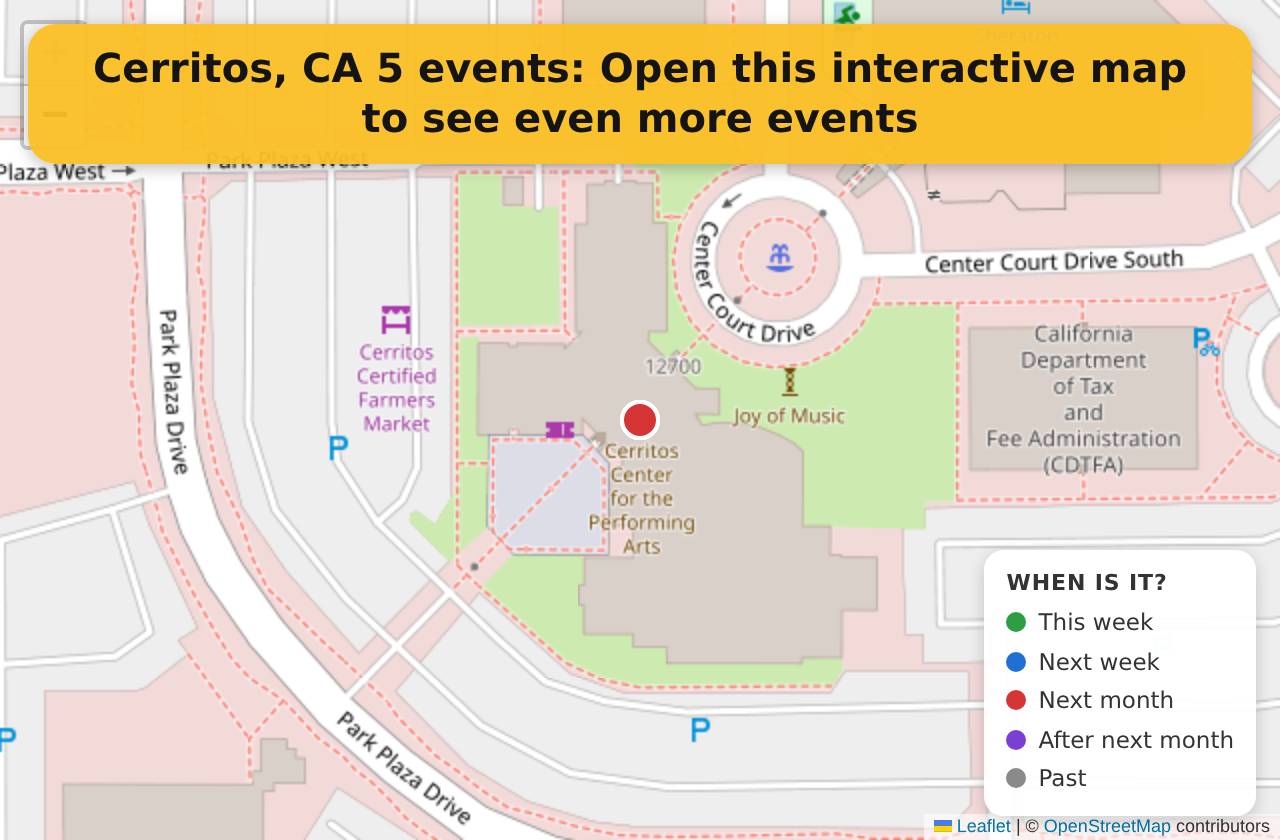 Map of events in Cerritos, CA on the interactive EVENTULIST map