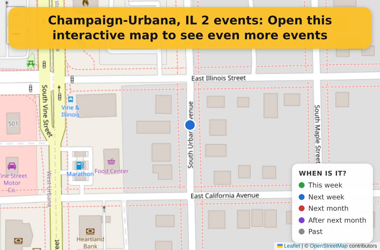 Map of events in Champaign-Urbana, IL on the interactive EVENTULIST map