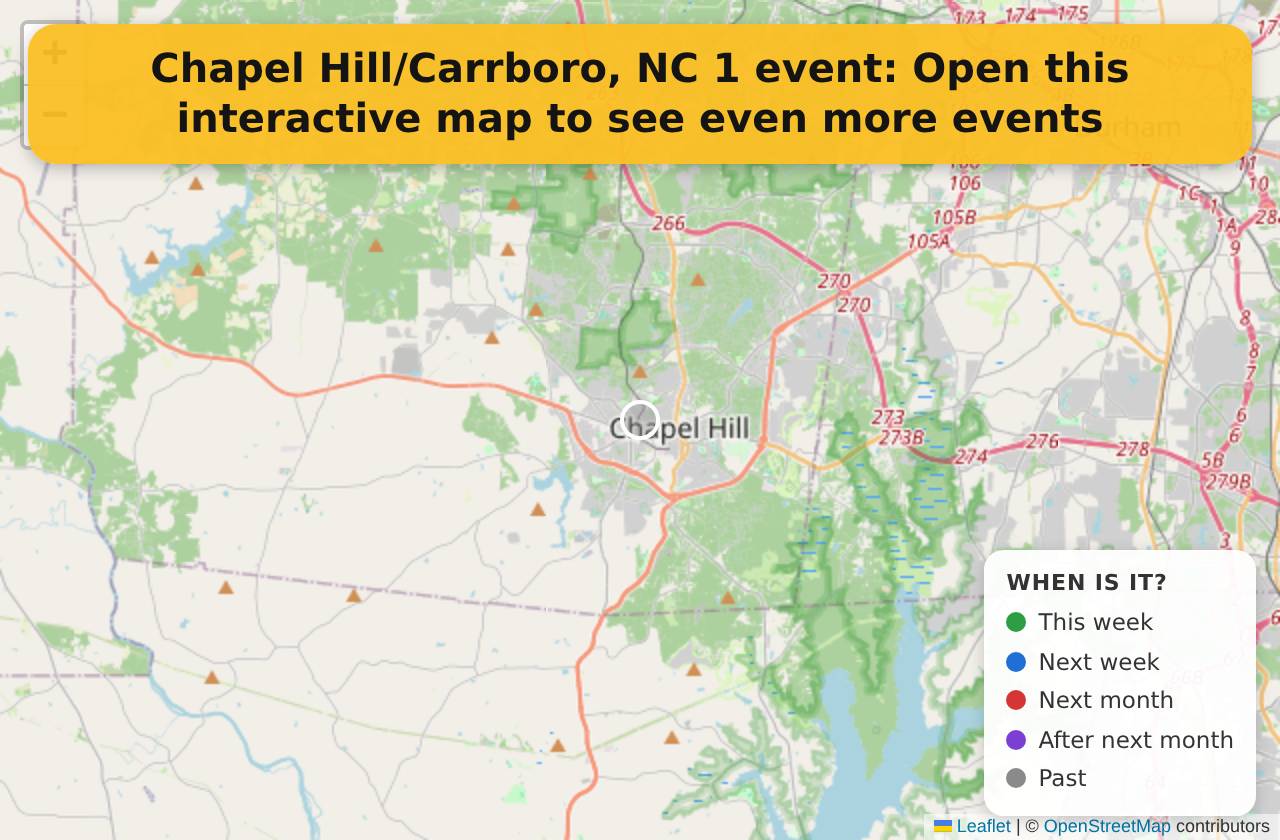 Map of events in Chapel Hill/Carrboro, NC on the interactive EVENTULIST map